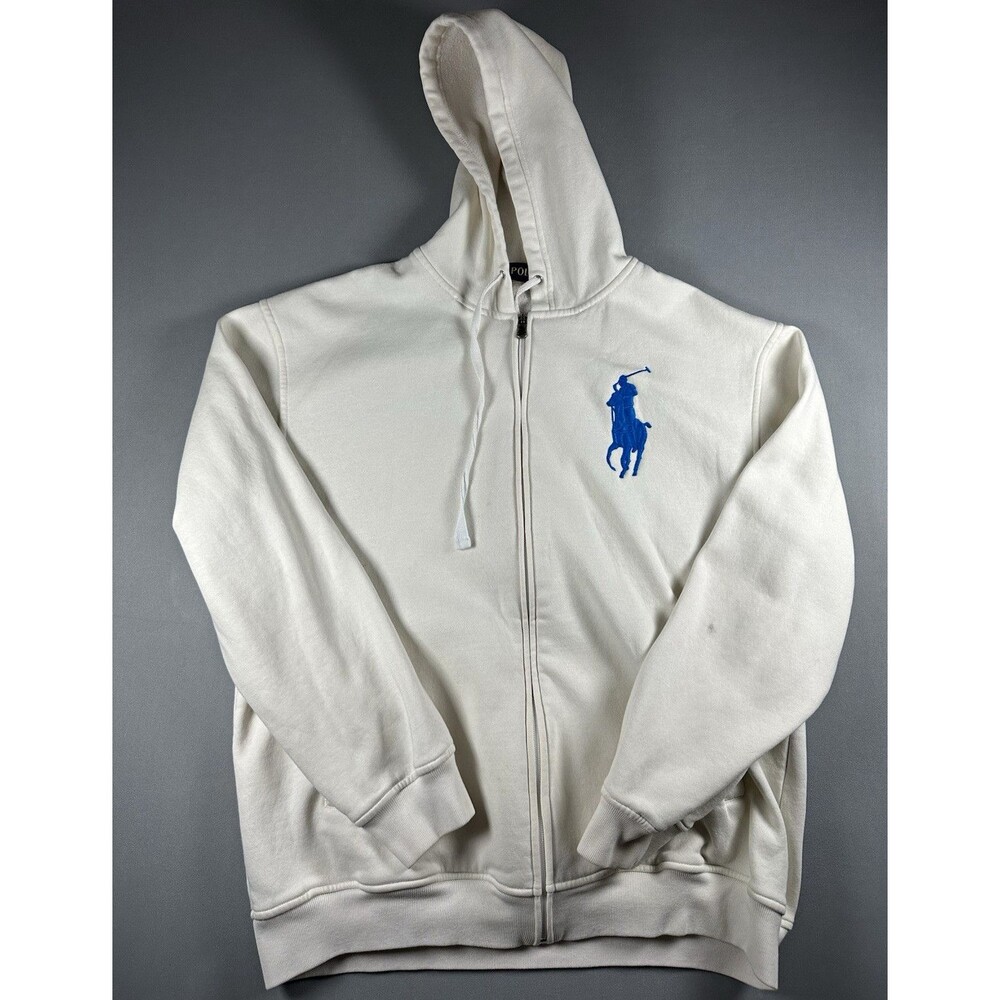 Ralph Lauren Polo Zip Hoodie XL White Blue Pony Cotton Rich